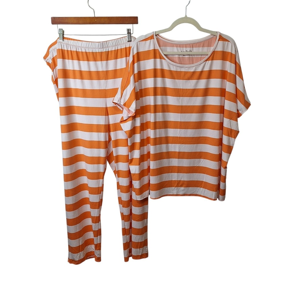 AnyBody Womens 3X Regular Lush Jersey Printed Sleep Set Tangerine Stripe Stretch